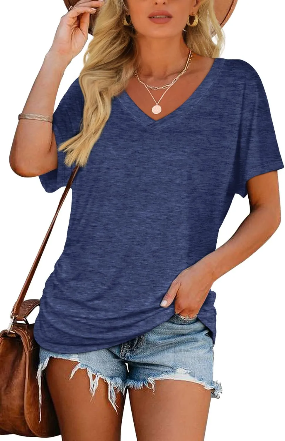 WIHOLL Womens Short Sleeve V Neck Dolman Tops with Side Shirring Loose Fit Shirts