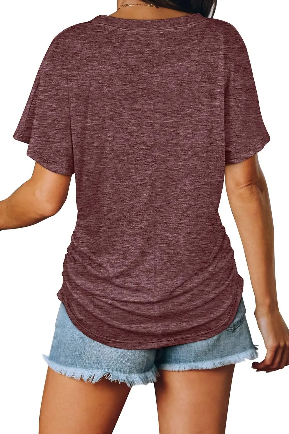 WIHOLL Womens Short Sleeve V Neck Dolman Tops with Side Shirring Loose Fit Shirts