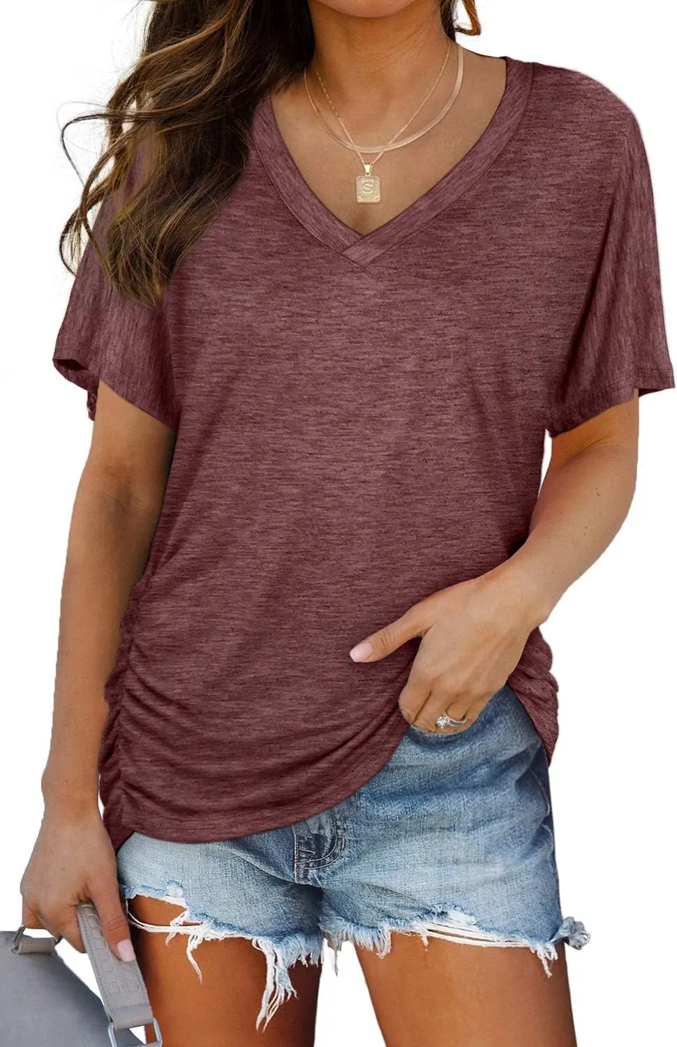 WIHOLL Womens Short Sleeve V Neck Dolman Tops with Side Shirring Loose Fit Shirts