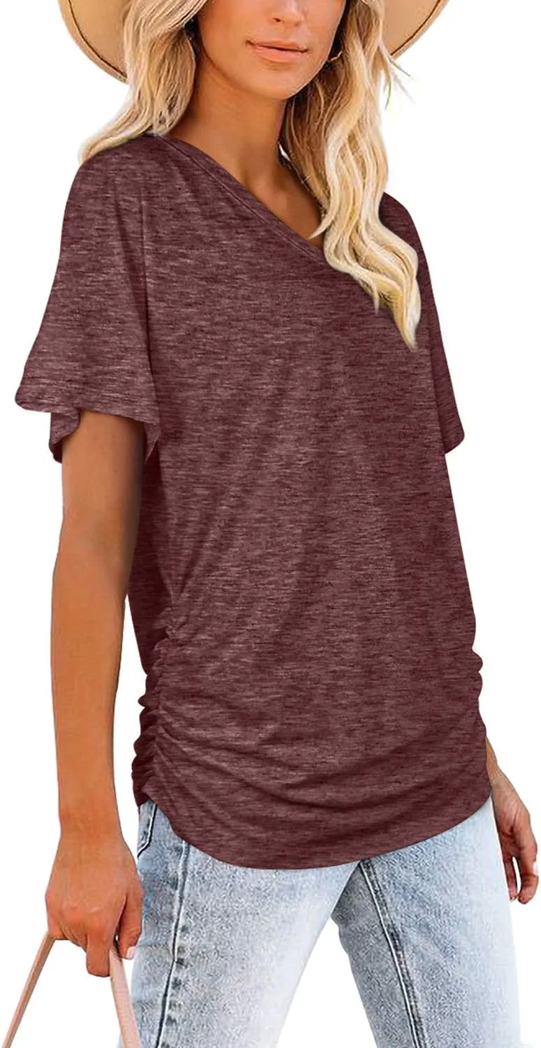 WIHOLL Womens Short Sleeve V Neck Dolman Tops with Side Shirring Loose Fit Shirts
