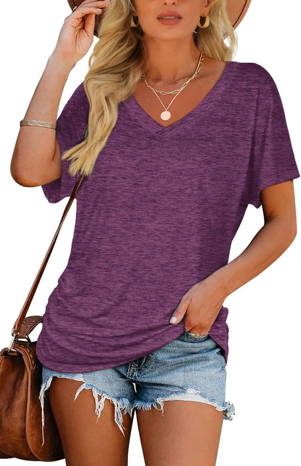 WIHOLL Womens Short Sleeve V Neck Dolman Tops with Side Shirring Loose Fit Shirts