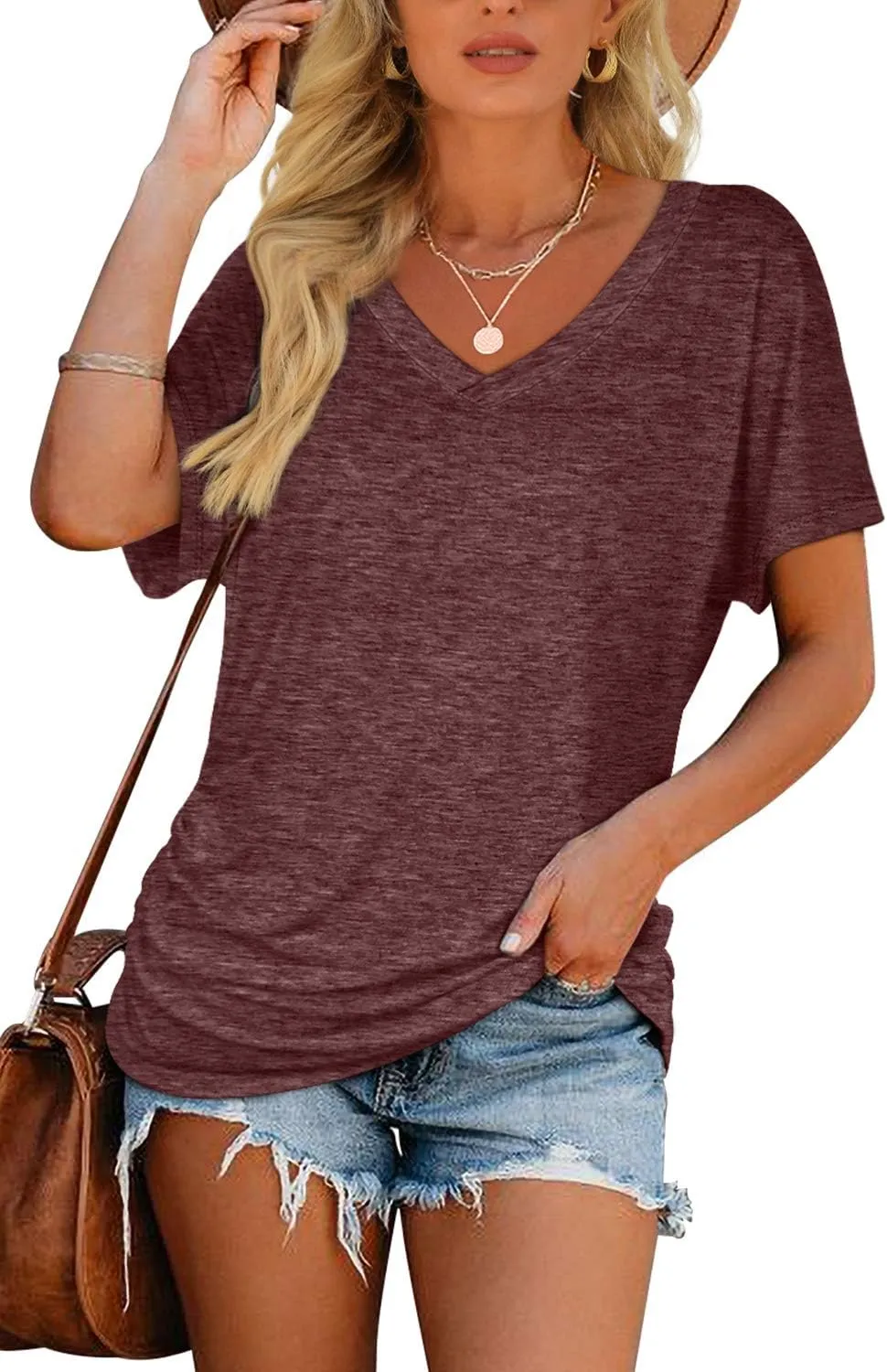 WIHOLL Womens Short Sleeve V Neck Dolman Tops with Side Shirring Loose Fit Shirts