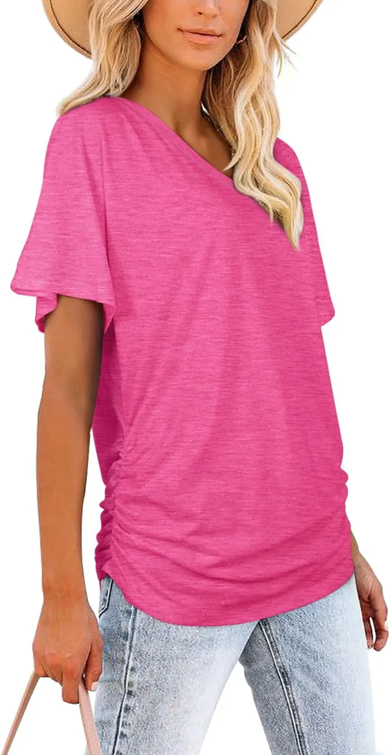WIHOLL Womens Short Sleeve V Neck Dolman Tops with Side Shirring Loose Fit Shirts