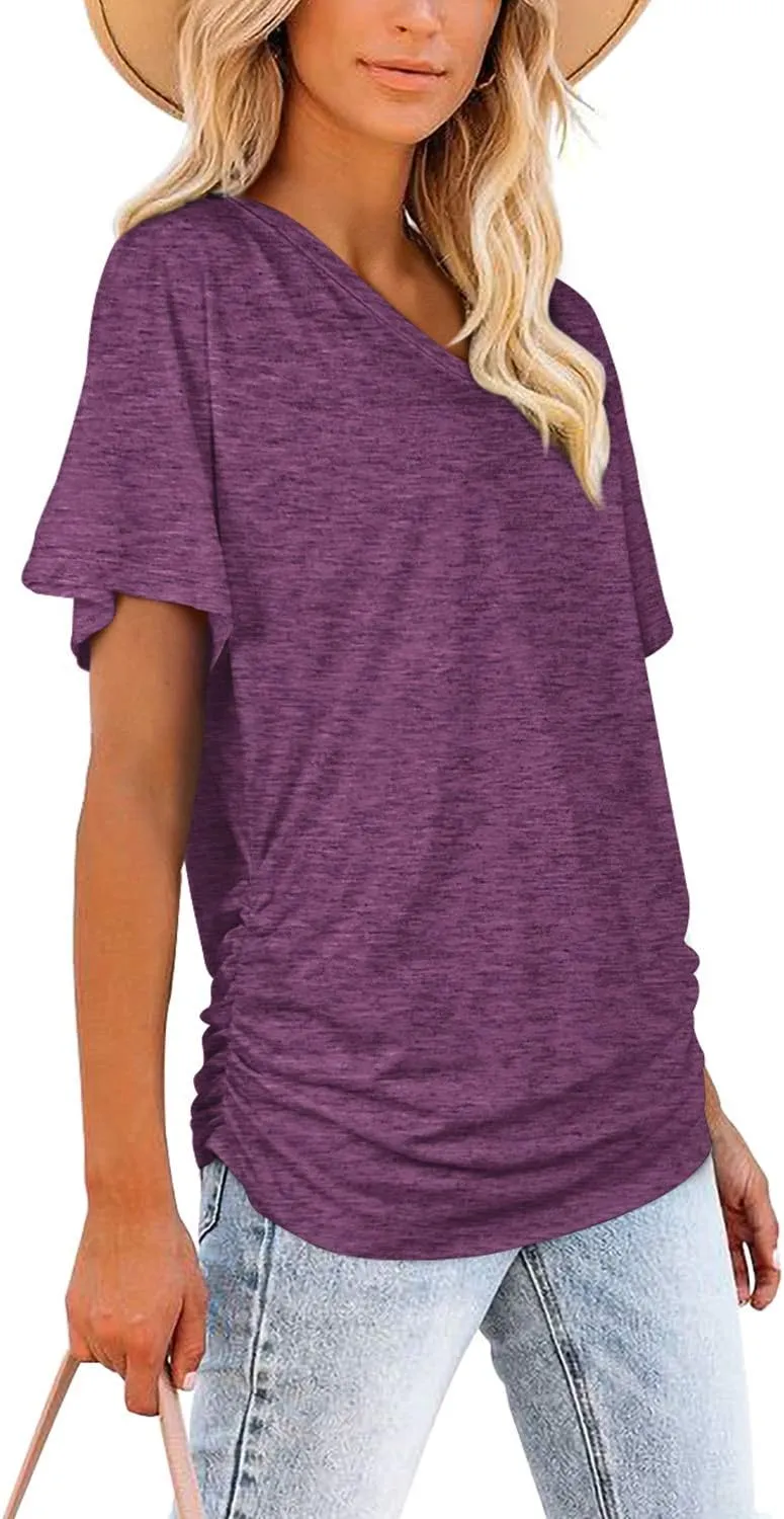 WIHOLL Womens Short Sleeve V Neck Dolman Tops with Side Shirring Loose Fit Shirts