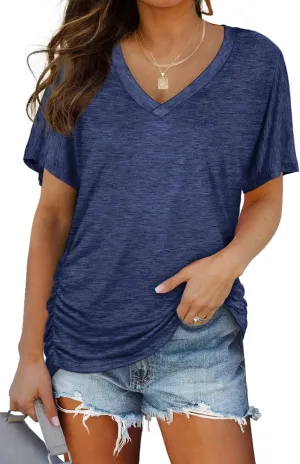 WIHOLL Womens Short Sleeve V Neck Dolman Tops with Side Shirring Loose Fit Shirts