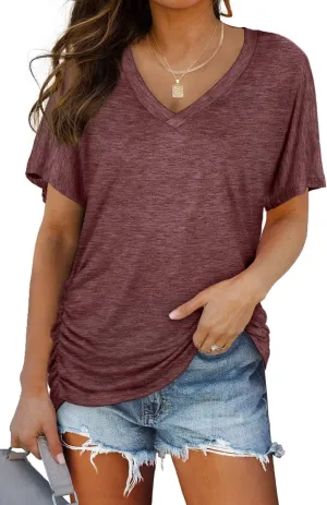 WIHOLL Womens Short Sleeve V Neck Dolman Tops with Side Shirring Loose Fit Shirts
