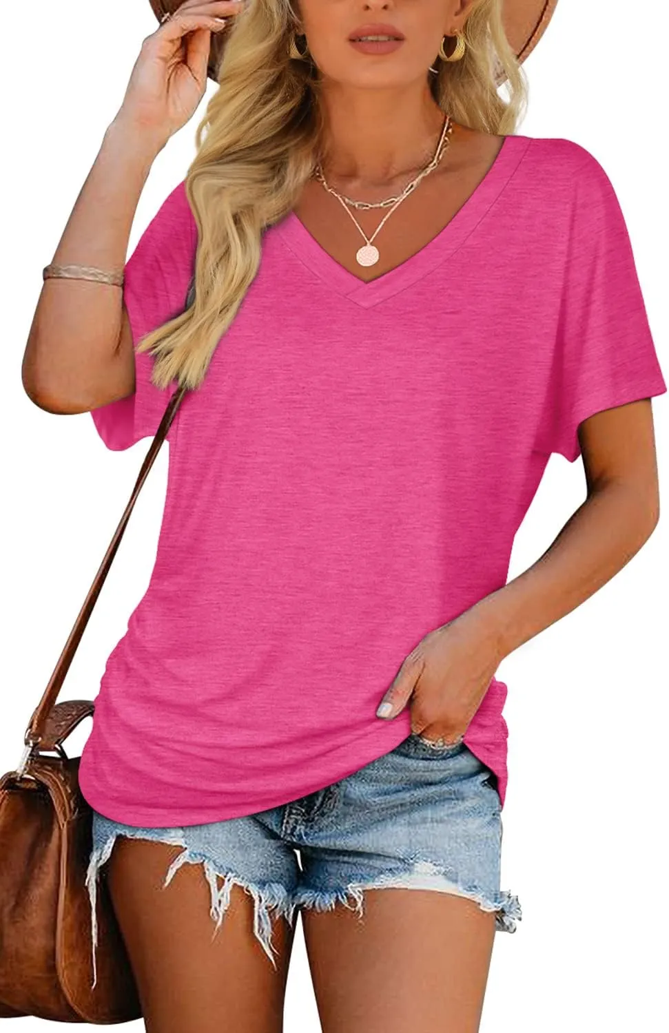 WIHOLL Womens Short Sleeve V Neck Dolman Tops with Side Shirring Loose Fit Shirts
