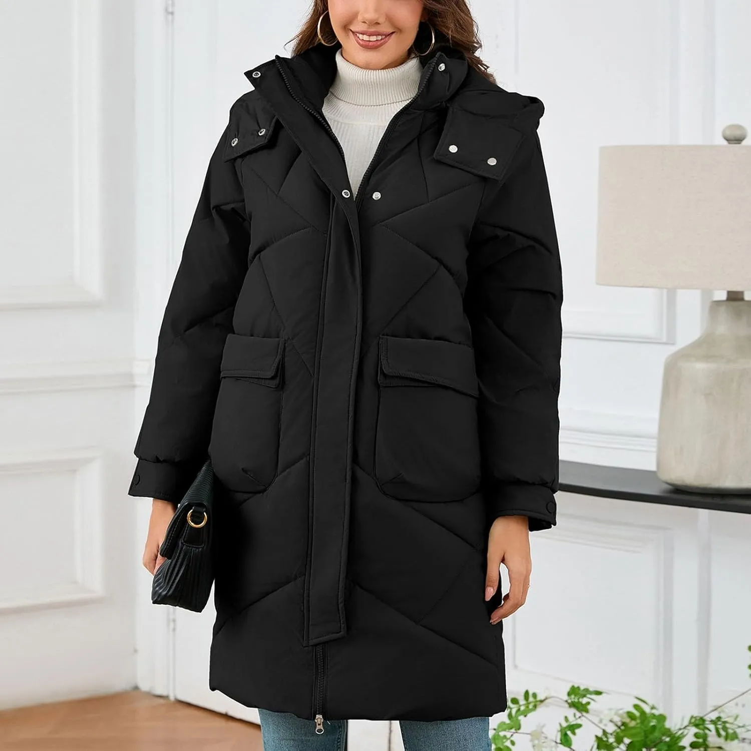 Winter Coats for Women 2024 Hooded Quilted Puffer Jackets Casual Warm Padded Coat Trendy Down Outerwear with Pockets