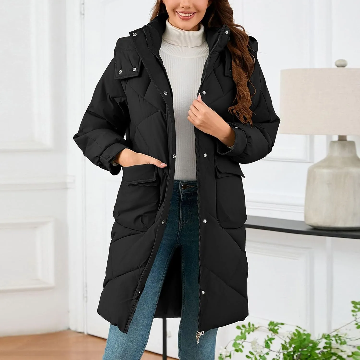 Winter Coats for Women 2024 Hooded Quilted Puffer Jackets Casual Warm Padded Coat Trendy Down Outerwear with Pockets