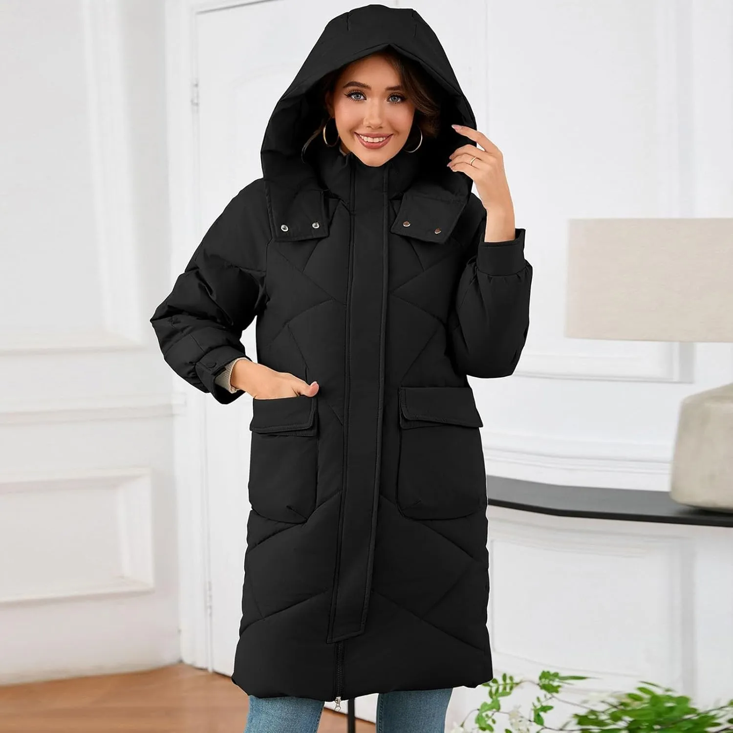 Winter Coats for Women 2024 Hooded Quilted Puffer Jackets Casual Warm Padded Coat Trendy Down Outerwear with Pockets