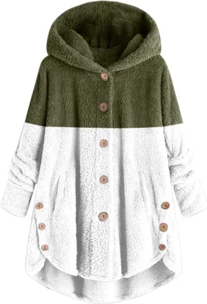 Winter Coats for Women Button Hem Plus Size Hoodie Top Sweater Blouse Color Block Patchwork Cardigan Coats Womens