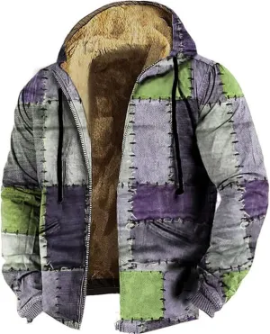 Winter Hooded Jackets for Men Heavyweight Fleece Warm Soft Color Block Hoodies Zip Up Thick Sherpa Lined Coat Outwear