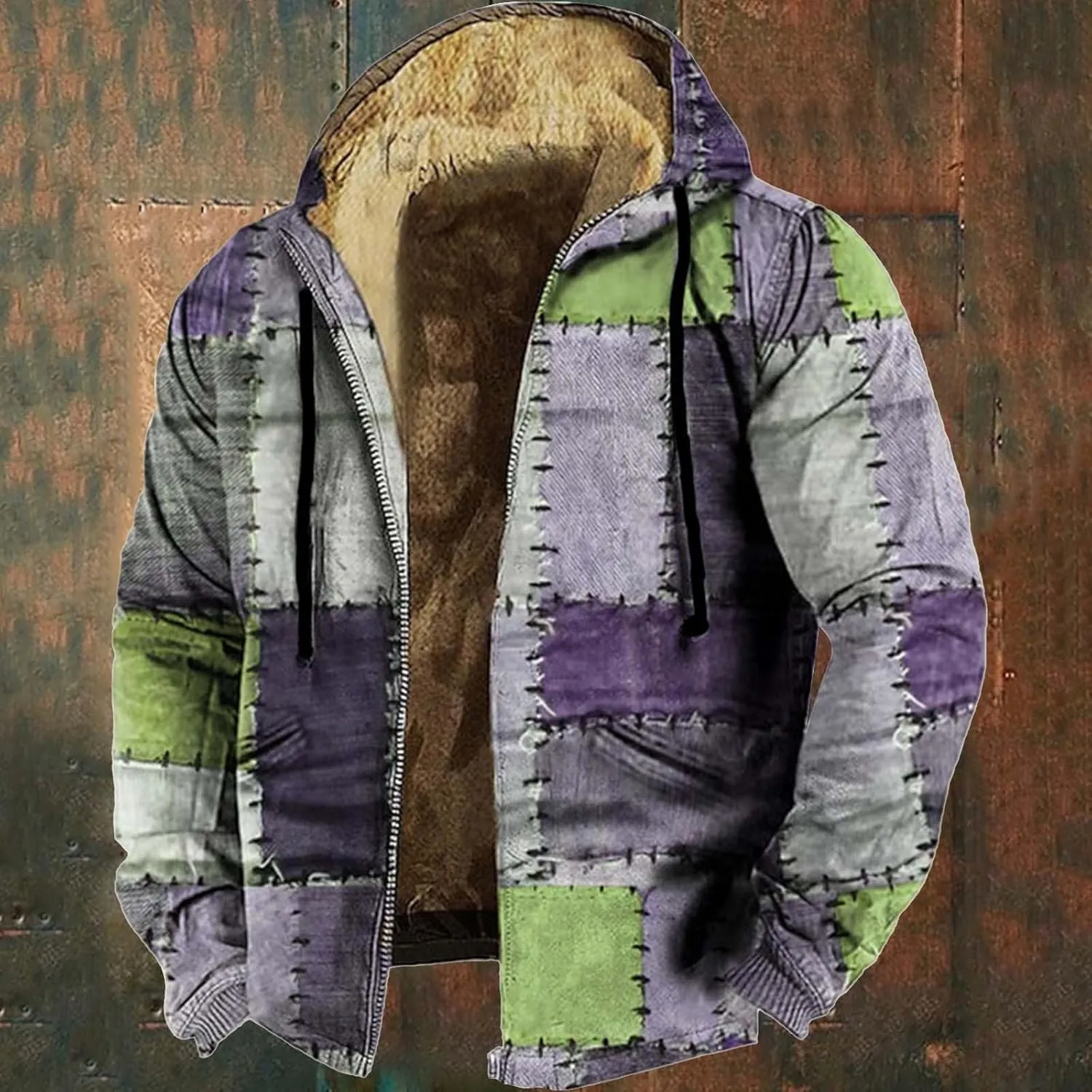 Winter Hooded Jackets for Men Heavyweight Fleece Warm Soft Color Block Hoodies Zip Up Thick Sherpa Lined Coat Outwear