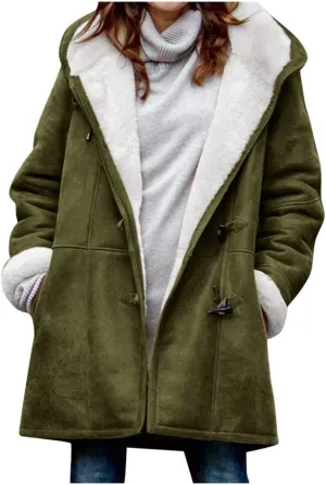 Winter Jackets for Women Warm Sherpa Fleece Lined Distressed Jackets Hooded Parka Faux Suede Pea Coat Outerwear
