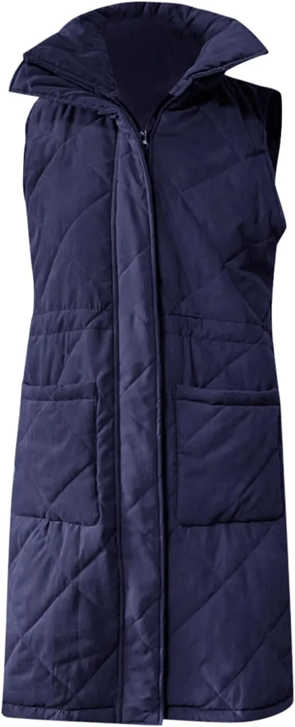 Winter Vest for Women Solid Lapel Zip Up Mid-Length Slim Fit Jackets Fall Winter Trendy Plus Size Quilted Jacket