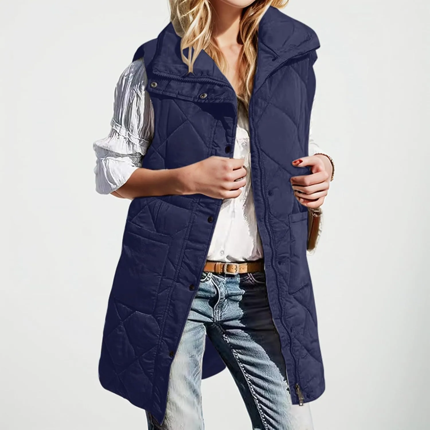 Winter Vest for Women Solid Lapel Zip Up Mid-Length Slim Fit Jackets Fall Winter Trendy Plus Size Quilted Jacket