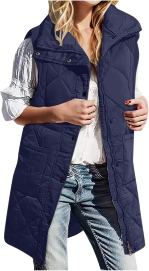 Winter Vest for Women Solid Lapel Zip Up Mid-Length Slim Fit Jackets Fall Winter Trendy Plus Size Quilted Jacket