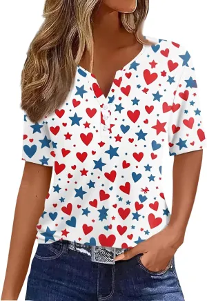 Women Button Down Shirt Henley Summer Tops V Neck Short Sleeve Blouses Trendy Graphic Tees Workout Outfits