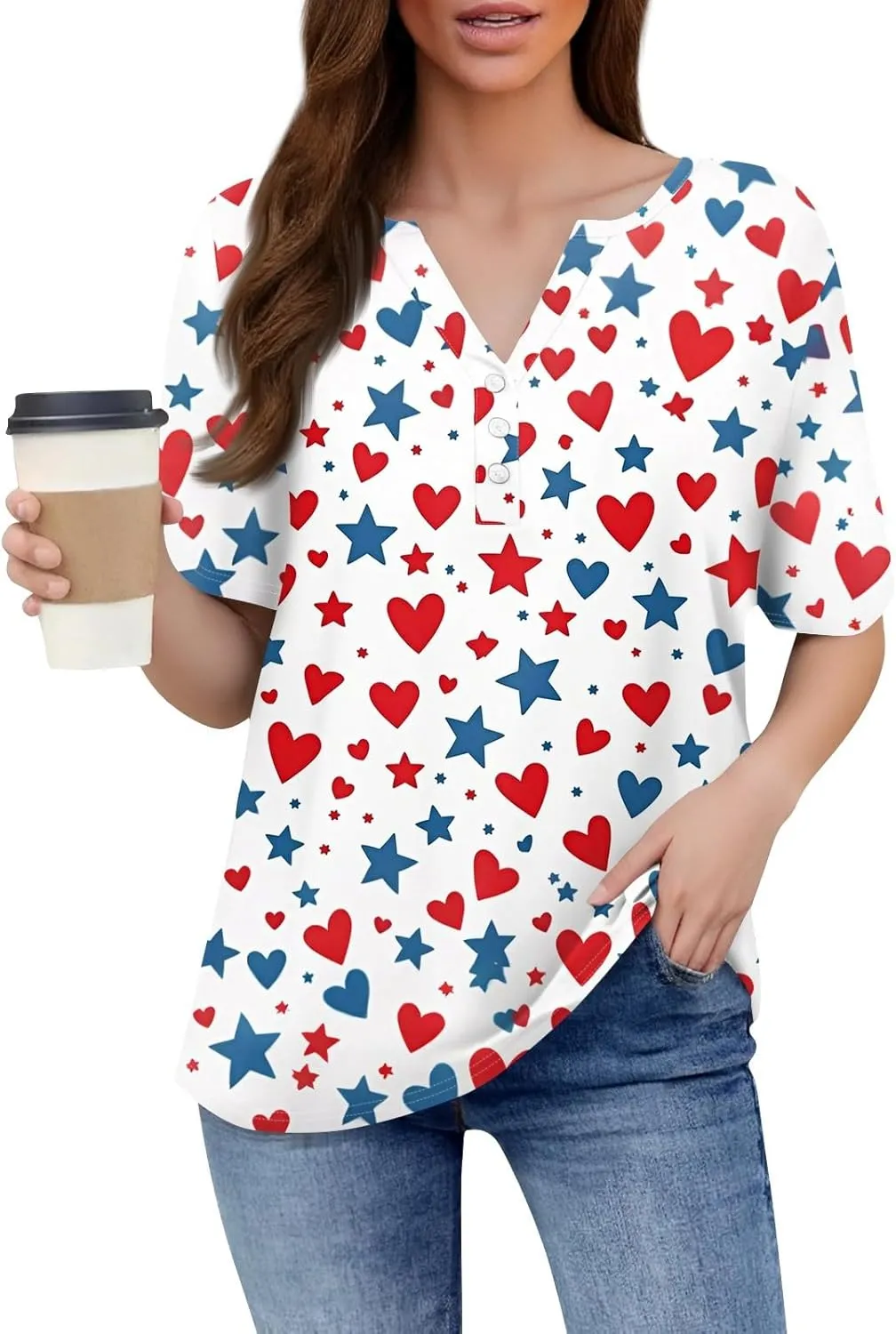 Women Button Down Shirt Henley Summer Tops V Neck Short Sleeve Blouses Trendy Graphic Tees Workout Outfits