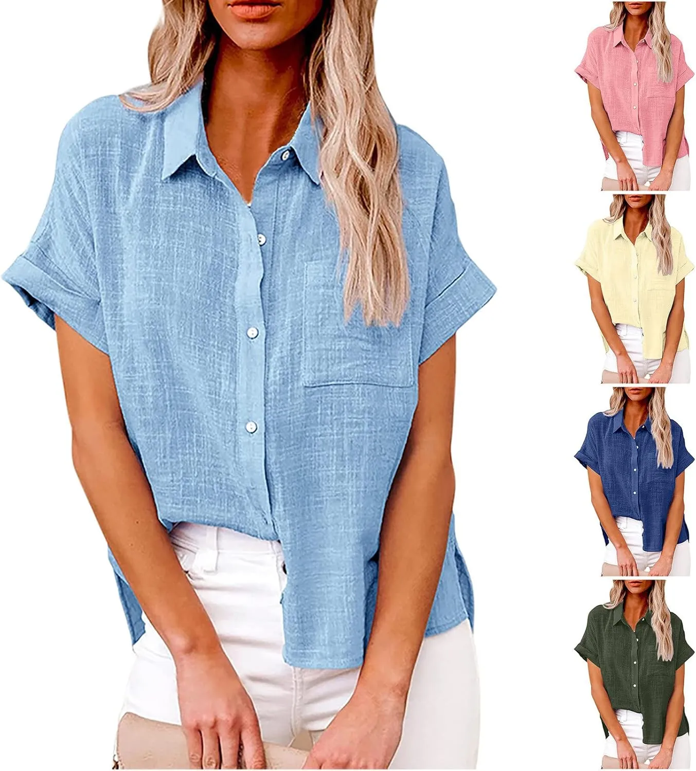 Women Cotton Linen Shirts with Pockets Casual Solid Short Sleeve Button Down Blouse Tunic Shirt Summer Tops Plus Size