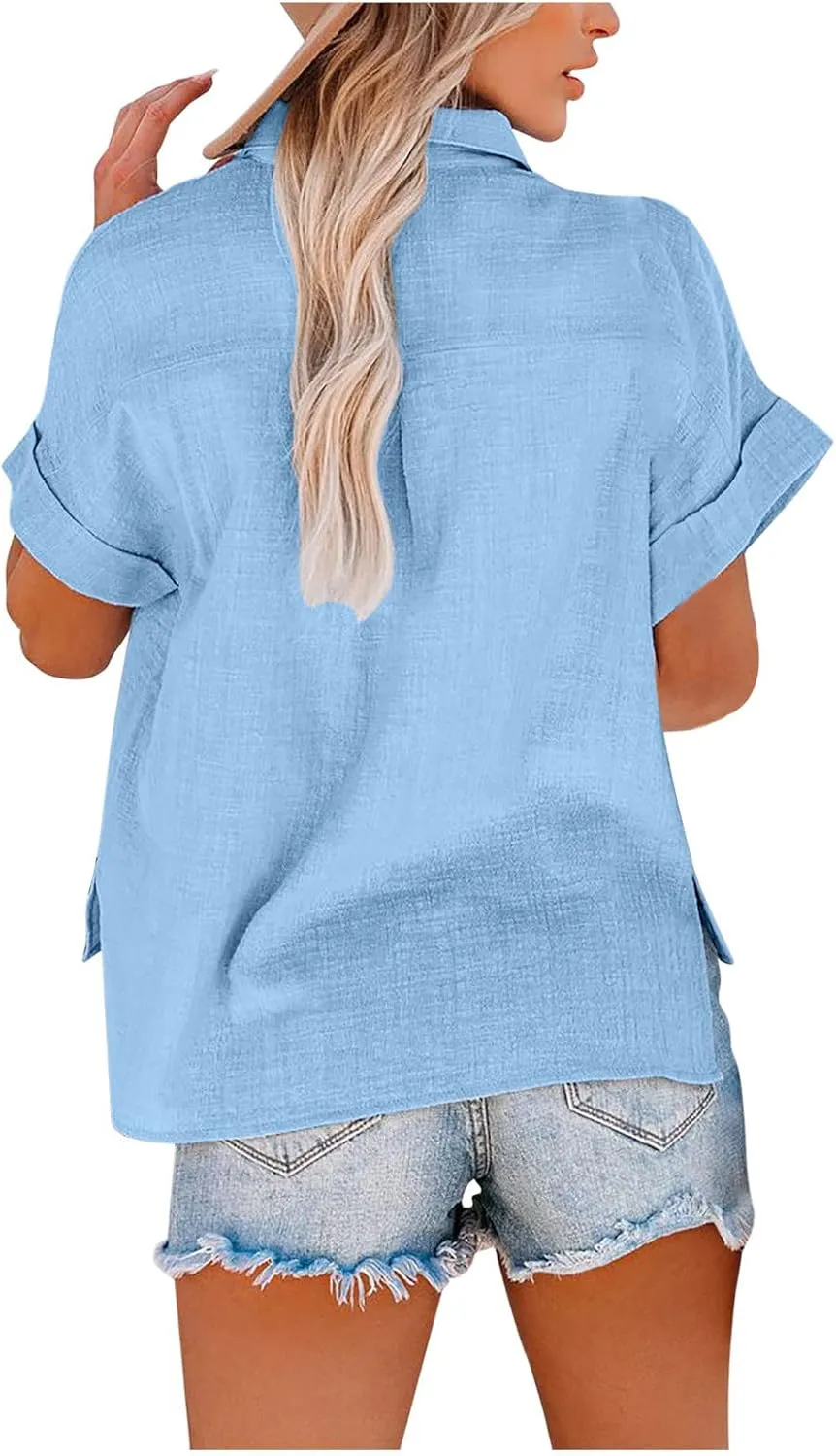 Women Cotton Linen Shirts with Pockets Casual Solid Short Sleeve Button Down Blouse Tunic Shirt Summer Tops Plus Size