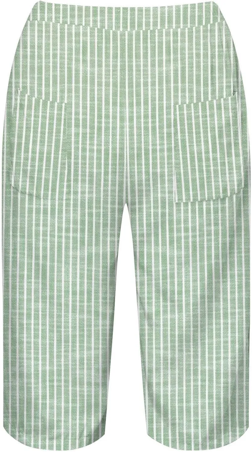 Women Linen Capri Pants Summer Drawstring Elastic Waisted Drawstring Shorts Ladies Casual Beach Pant with Pockets