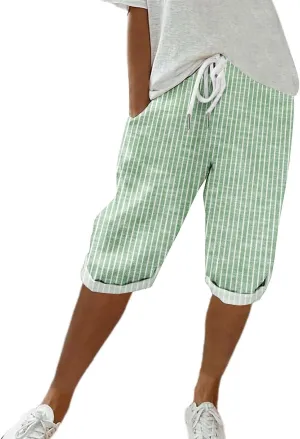Women Linen Capri Pants Summer Drawstring Elastic Waisted Drawstring Shorts Ladies Casual Beach Pant with Pockets
