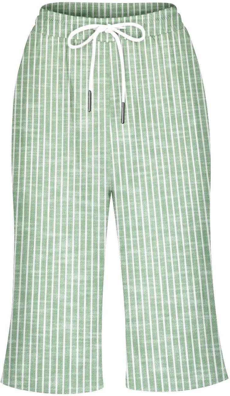 Women Linen Capri Pants Summer Drawstring Elastic Waisted Drawstring Shorts Ladies Casual Beach Pant with Pockets