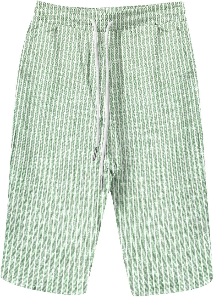 Women Linen Capri Pants Summer Drawstring Elastic Waisted Drawstring Shorts Ladies Casual Beach Pant with Pockets