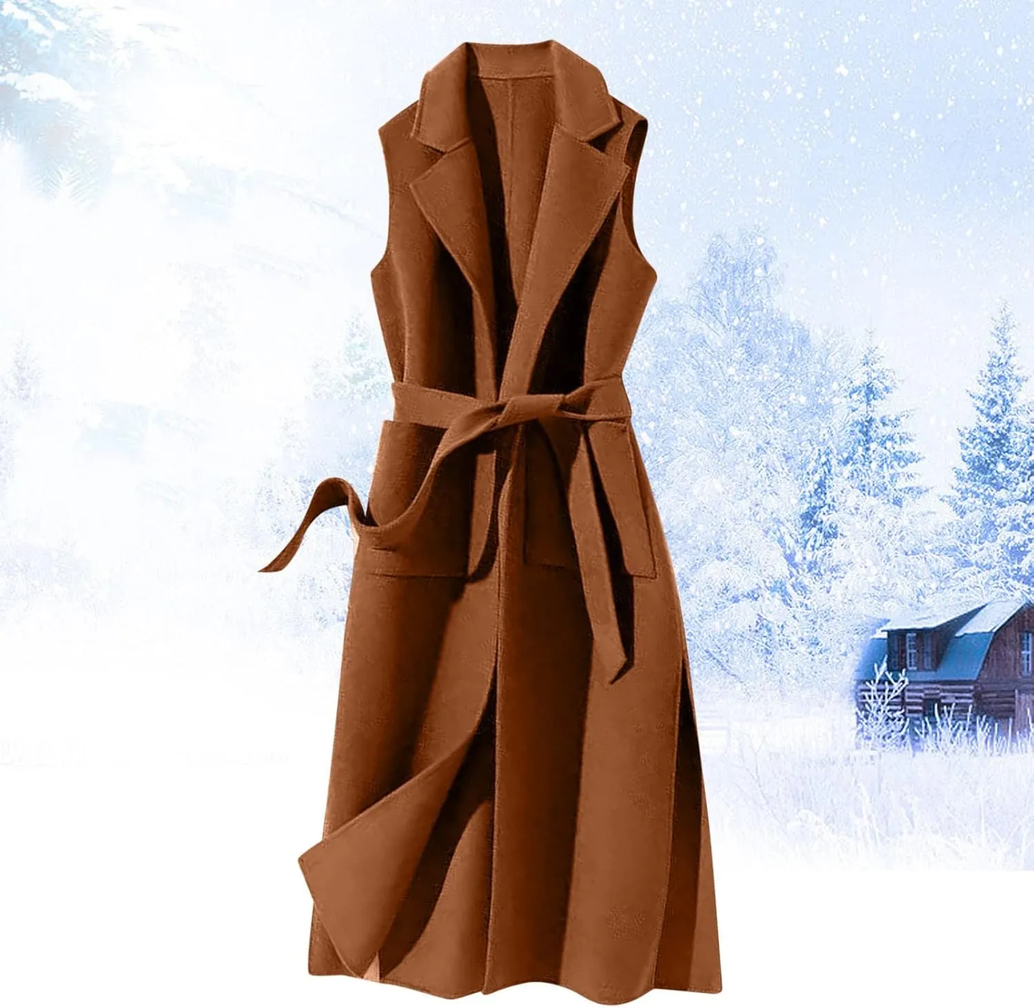 Women Notch Lapel Long Vest Cardigan Sleeveless Wool Blend Trench Coat Tie Waist Mid Length Pea Overcoat Outerwear