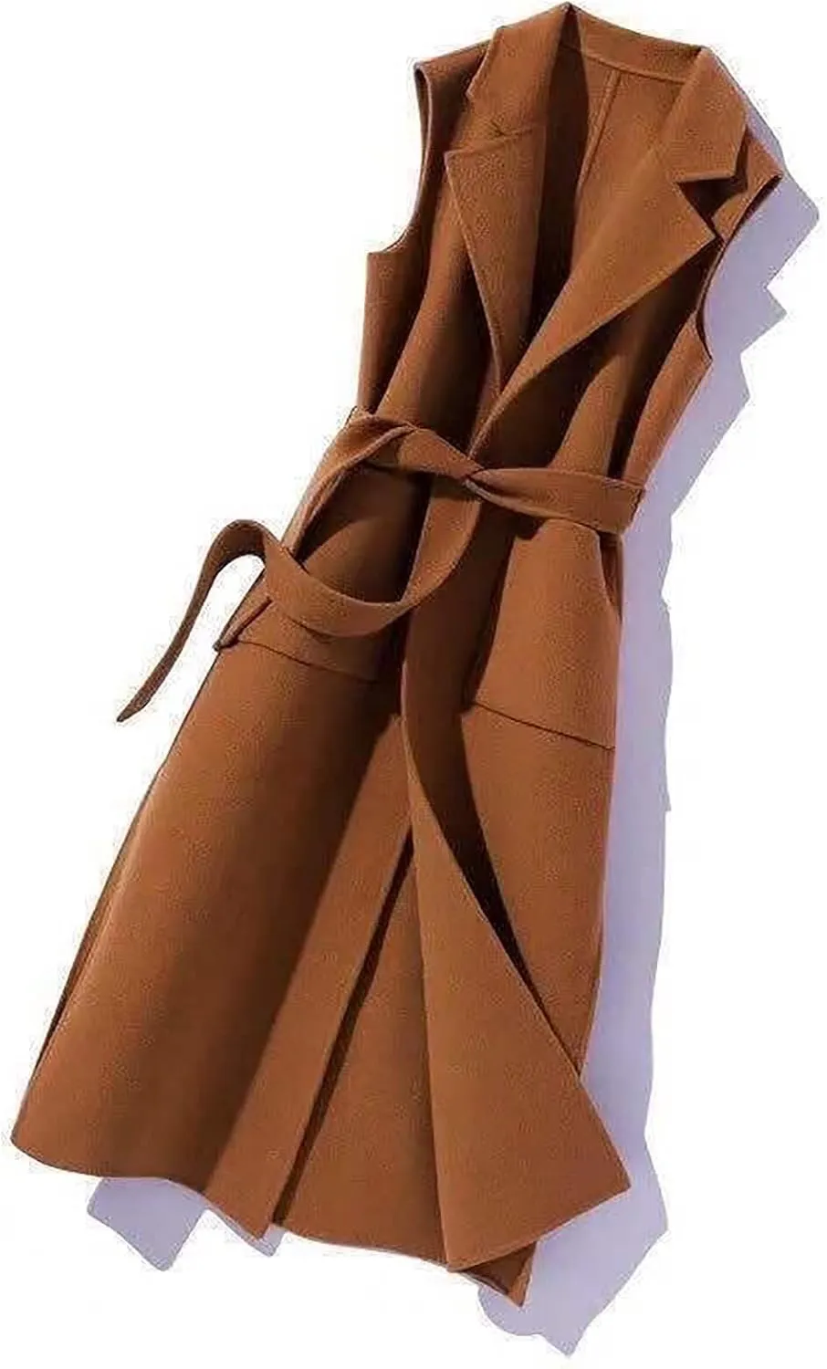 Women Notch Lapel Long Vest Cardigan Sleeveless Wool Blend Trench Coat Tie Waist Mid Length Pea Overcoat Outerwear