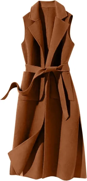Women Notch Lapel Long Vest Cardigan Sleeveless Wool Blend Trench Coat Tie Waist Mid Length Pea Overcoat Outerwear