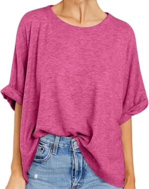 Women Oversized T Shirt Short Sleeve Loose Casual Basic Shirts Summer Tee Tops Crewneck Roll Up Sleeve Blouse Shirt