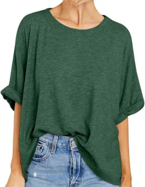 Women Oversized T Shirt Short Sleeve Loose Casual Basic Shirts Summer Tee Tops Crewneck Roll Up Sleeve Blouse Shirt