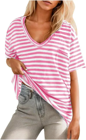 Women Oversized T Shirt Striped Short Sleeve V Neck Tee Shirt Casual Loose Drop Shoulder Summer Tops Outfits