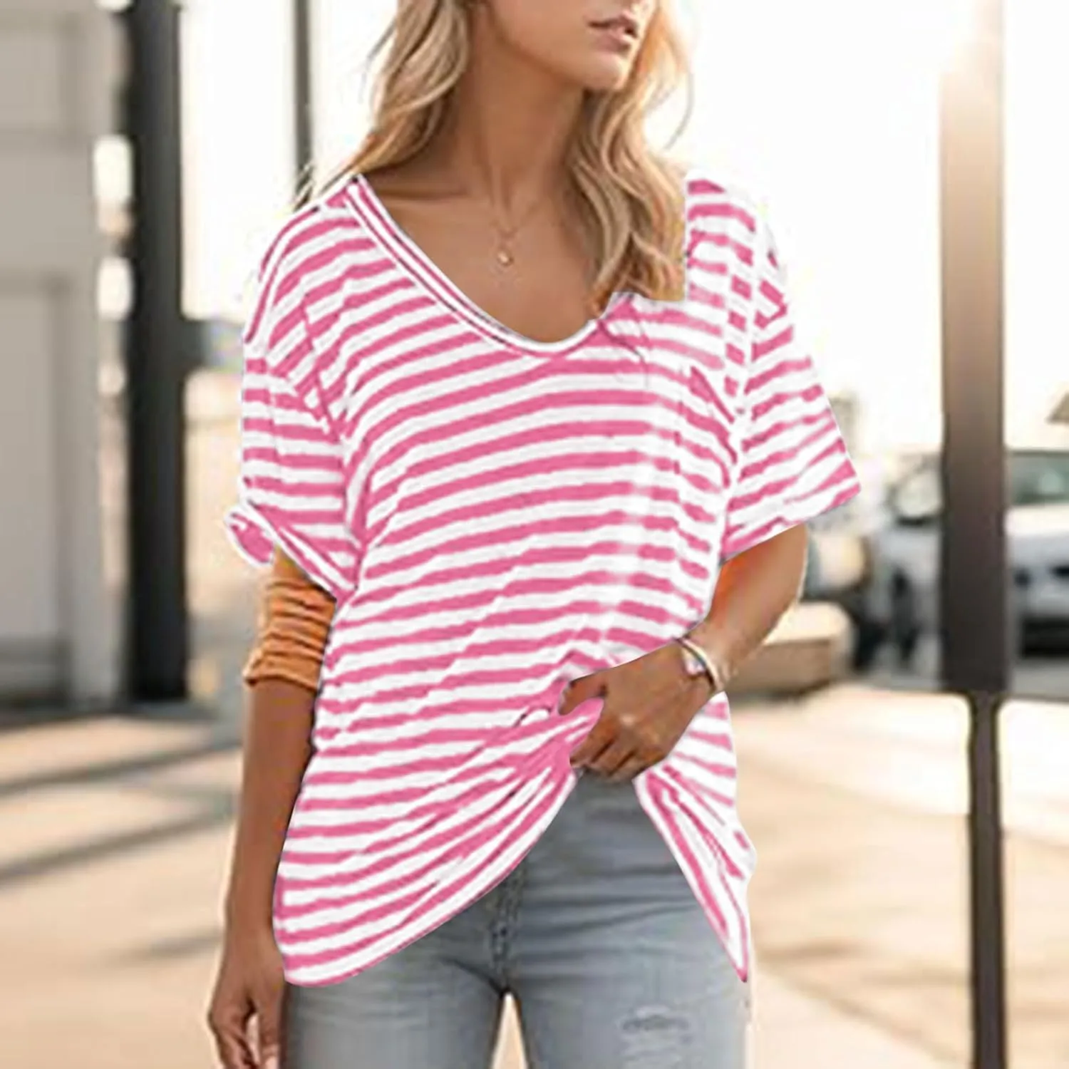 Women Oversized T Shirt Striped Short Sleeve V Neck Tee Shirt Casual Loose Drop Shoulder Summer Tops Outfits