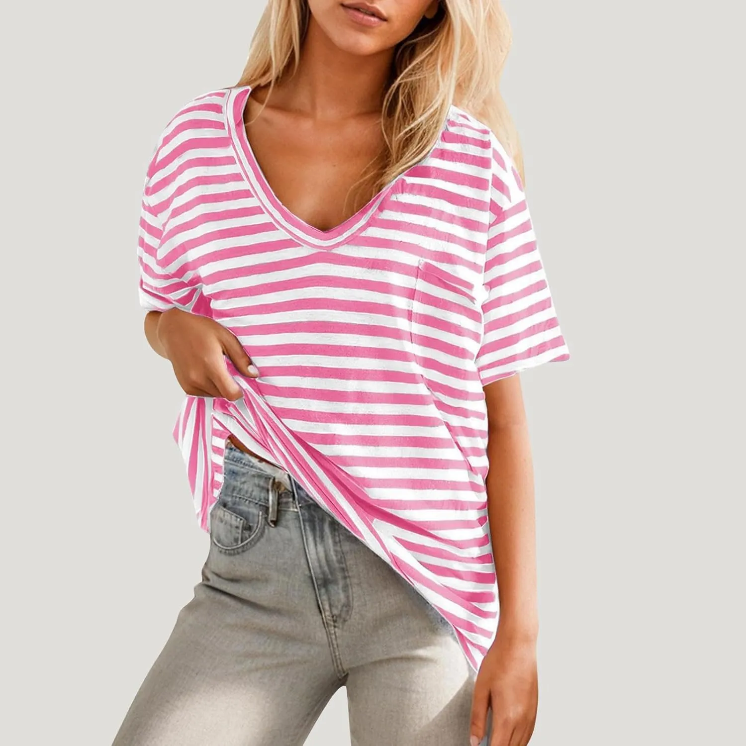 Women Oversized T Shirt Striped Short Sleeve V Neck Tee Shirt Casual Loose Drop Shoulder Summer Tops Outfits