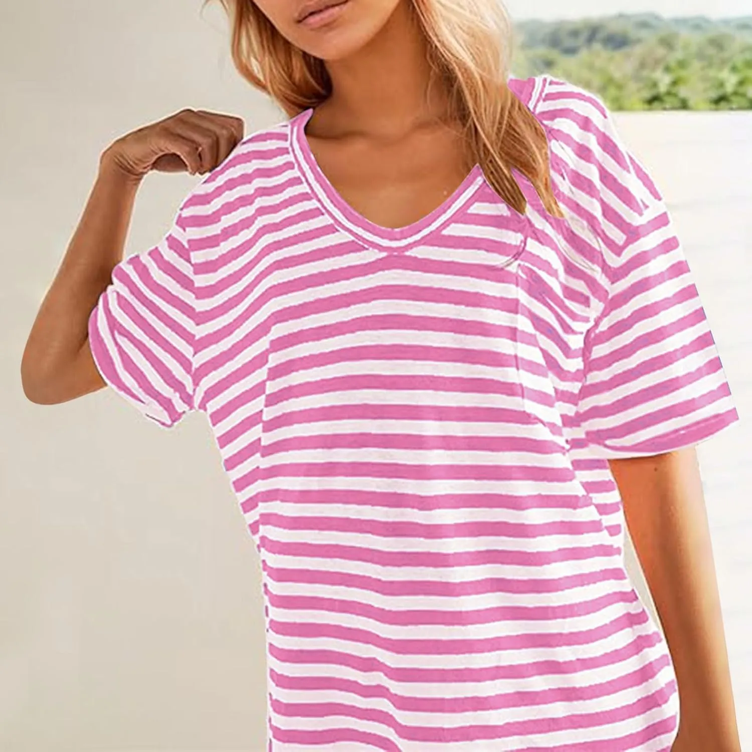 Women Oversized T Shirt Striped Short Sleeve V Neck Tee Shirt Casual Loose Drop Shoulder Summer Tops Outfits