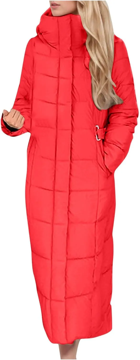 Women Quilted Long Puffer Jacket Winter Heavyweight Warm Down Coats Casual Long Sleeve Hooded Padded Outwear