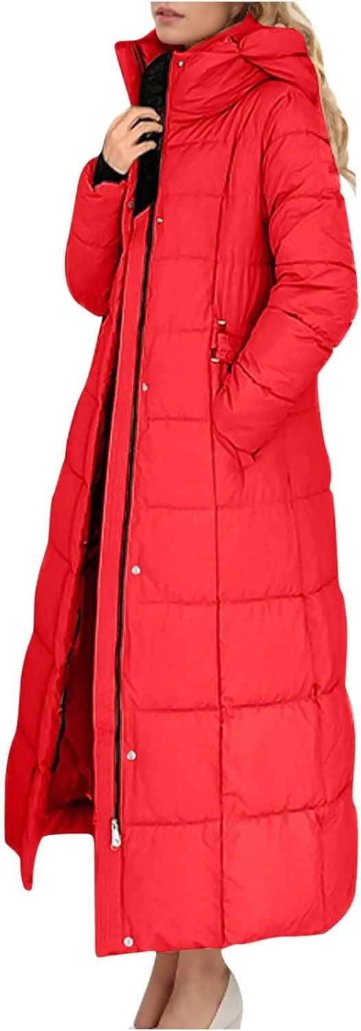 Women Quilted Long Puffer Jacket Winter Heavyweight Warm Down Coats Casual Long Sleeve Hooded Padded Outwear