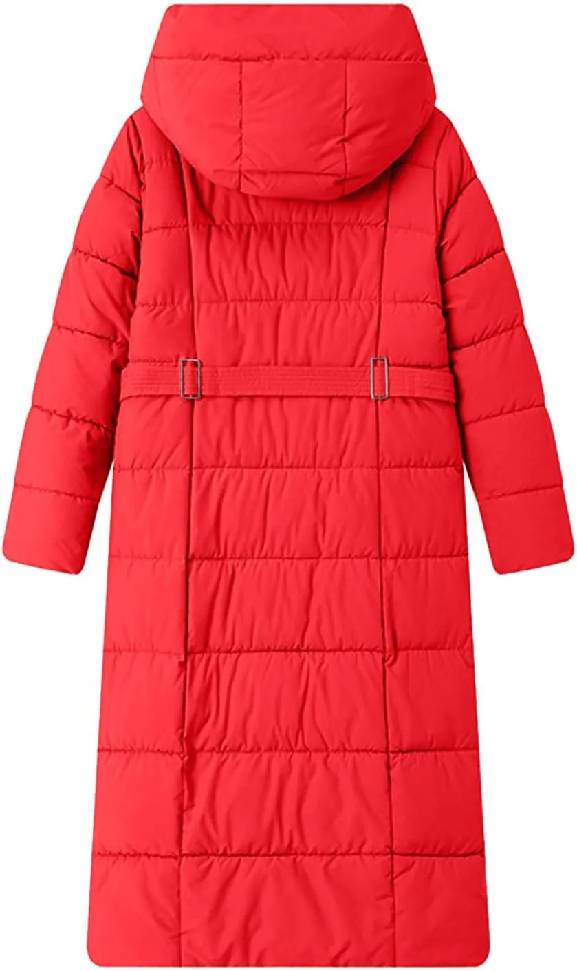 Women Quilted Long Puffer Jacket Winter Heavyweight Warm Down Coats Casual Long Sleeve Hooded Padded Outwear