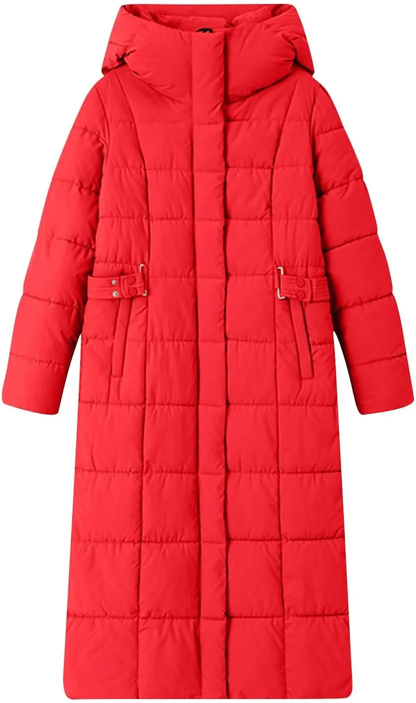 Women Quilted Long Puffer Jacket Winter Heavyweight Warm Down Coats Casual Long Sleeve Hooded Padded Outwear