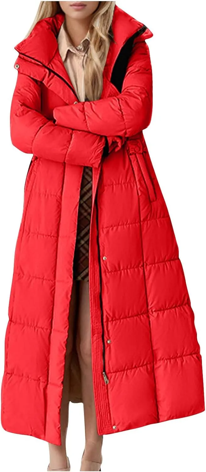 Women Quilted Long Puffer Jacket Winter Heavyweight Warm Down Coats Casual Long Sleeve Hooded Padded Outwear