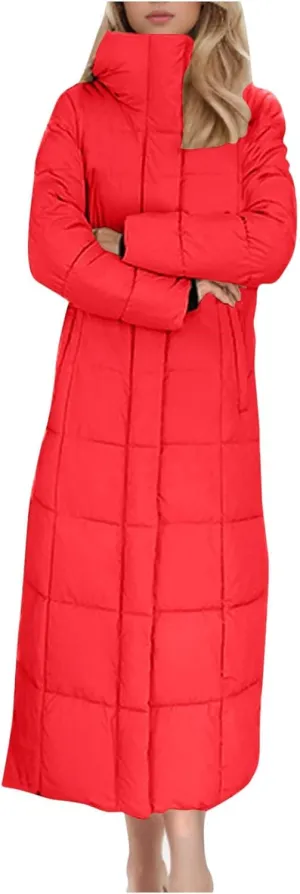 Women Quilted Long Puffer Jacket Winter Heavyweight Warm Down Coats Casual Long Sleeve Hooded Padded Outwear