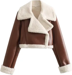 Women Winter Leather Jacket Thicken Fleece Lined Motorcycle Jacket Faux Fur Shearling Fluffy Coat Bomber Coats