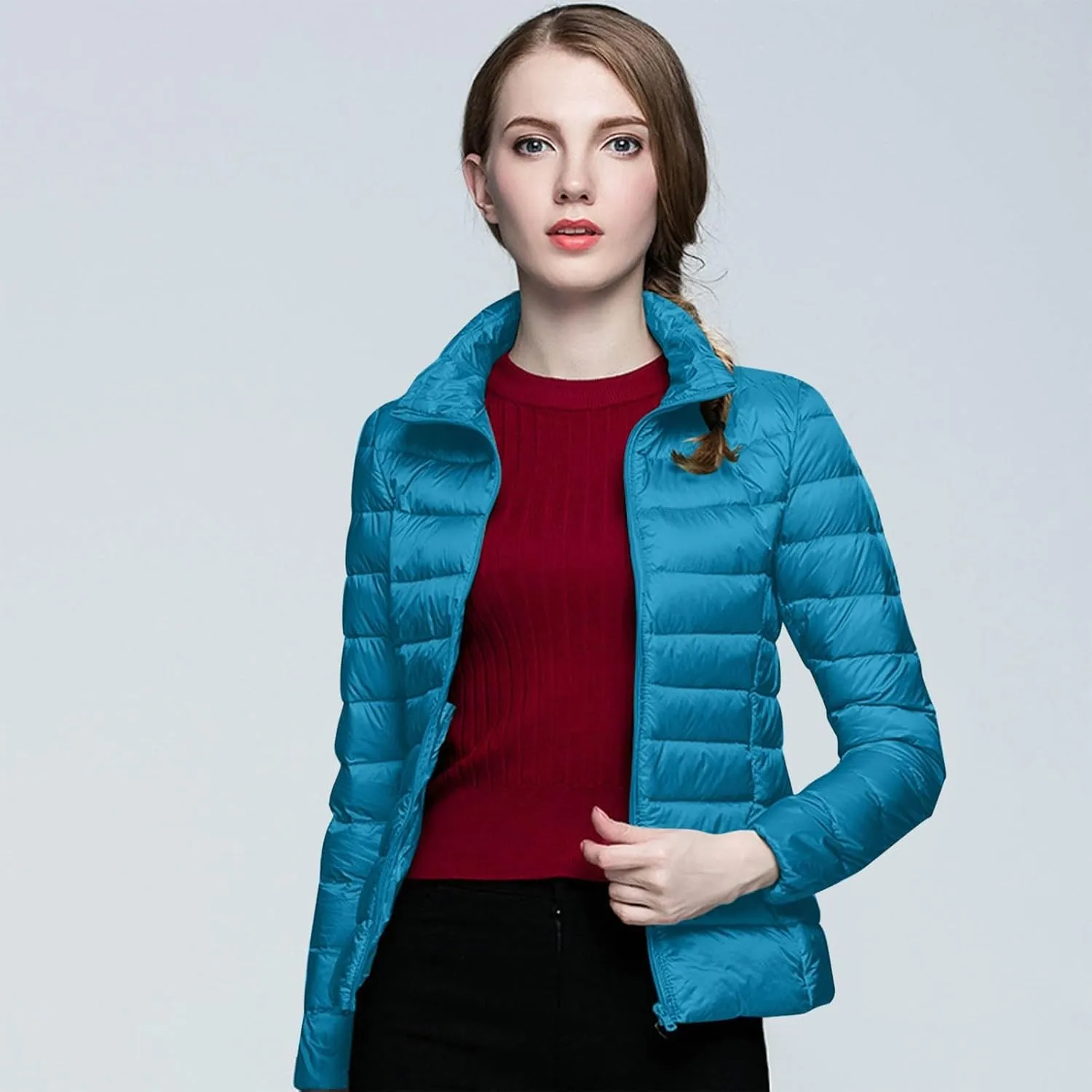 Women's 2024 Packable Puffer Jacket Lightweight Duck Down Short Quilted Down Stand Collar Slim Fit Warm Puffer Coat