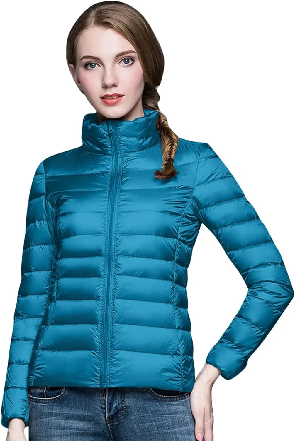 Women's 2024 Packable Puffer Jacket Lightweight Duck Down Short Quilted Down Stand Collar Slim Fit Warm Puffer Coat