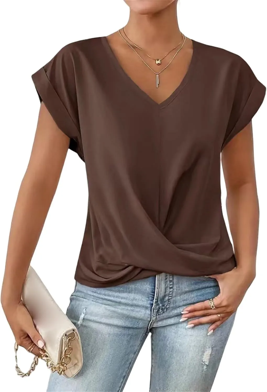Womens 2025 Summer Tops V Neck Casual Twist Front Blouses Short Sleeve Tshirts Loose Fit Tunic Tops Basic Tee Shirts