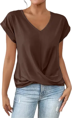 Womens 2025 Summer Tops V Neck Casual Twist Front Blouses Short Sleeve Tshirts Loose Fit Tunic Tops Basic Tee Shirts