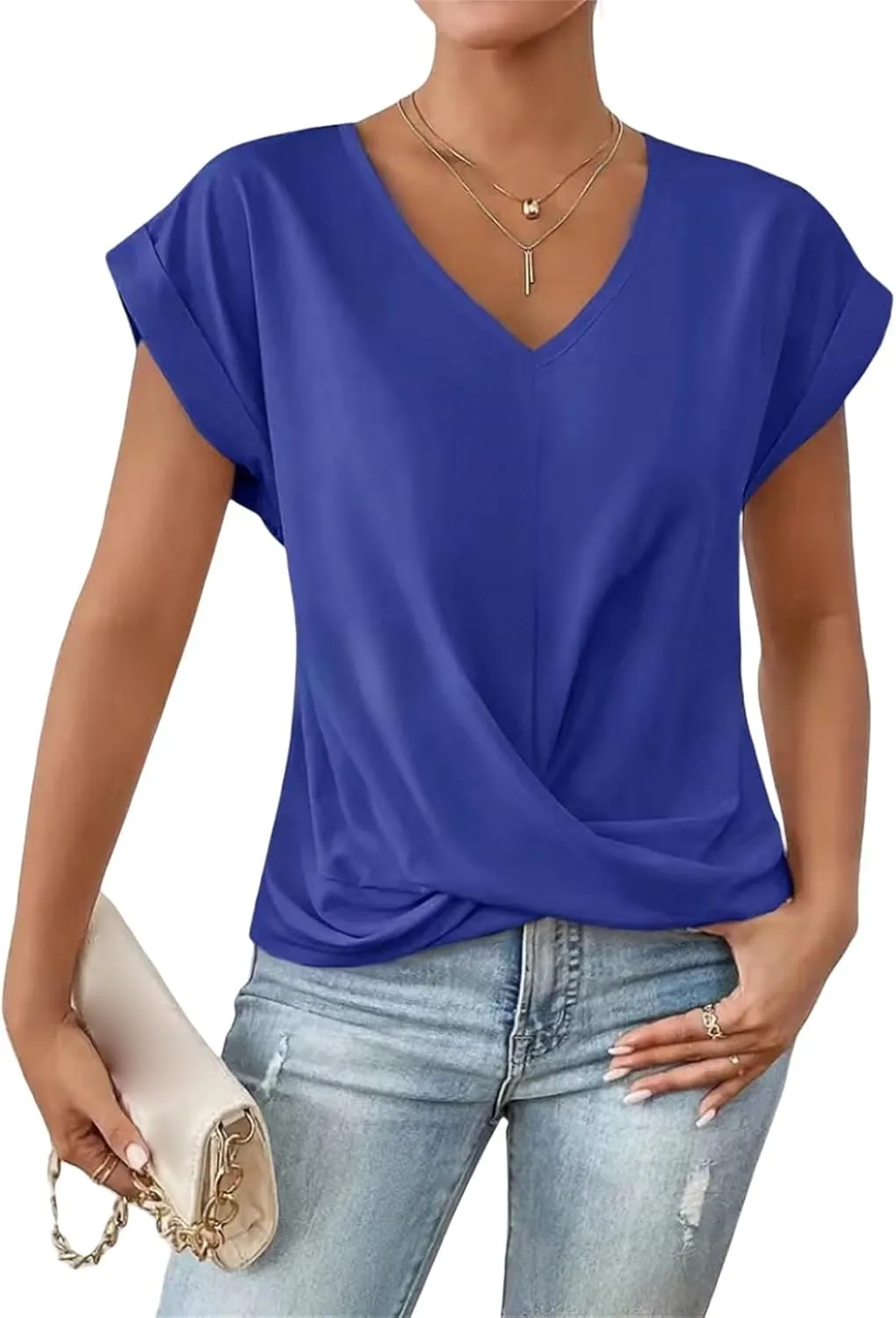 Womens 2025 Summer Tops V Neck Casual Twist Front Blouses Short Sleeve Tshirts Loose Fit Tunic Tops Basic Tee Shirts